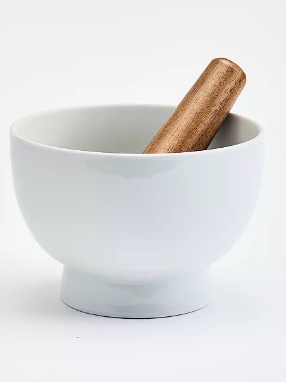 White Ceramic Mortar and Pestle with Wooden Pestle